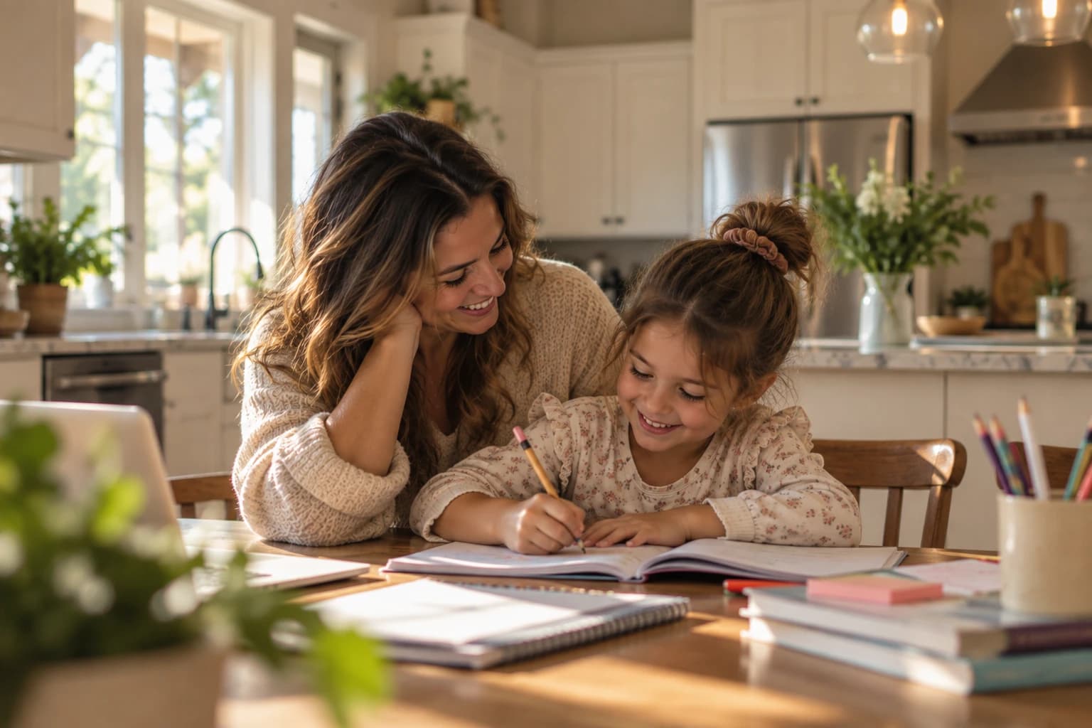 A mother smiling as her daughter does her homework at the kitchen table of a bright, tidy home