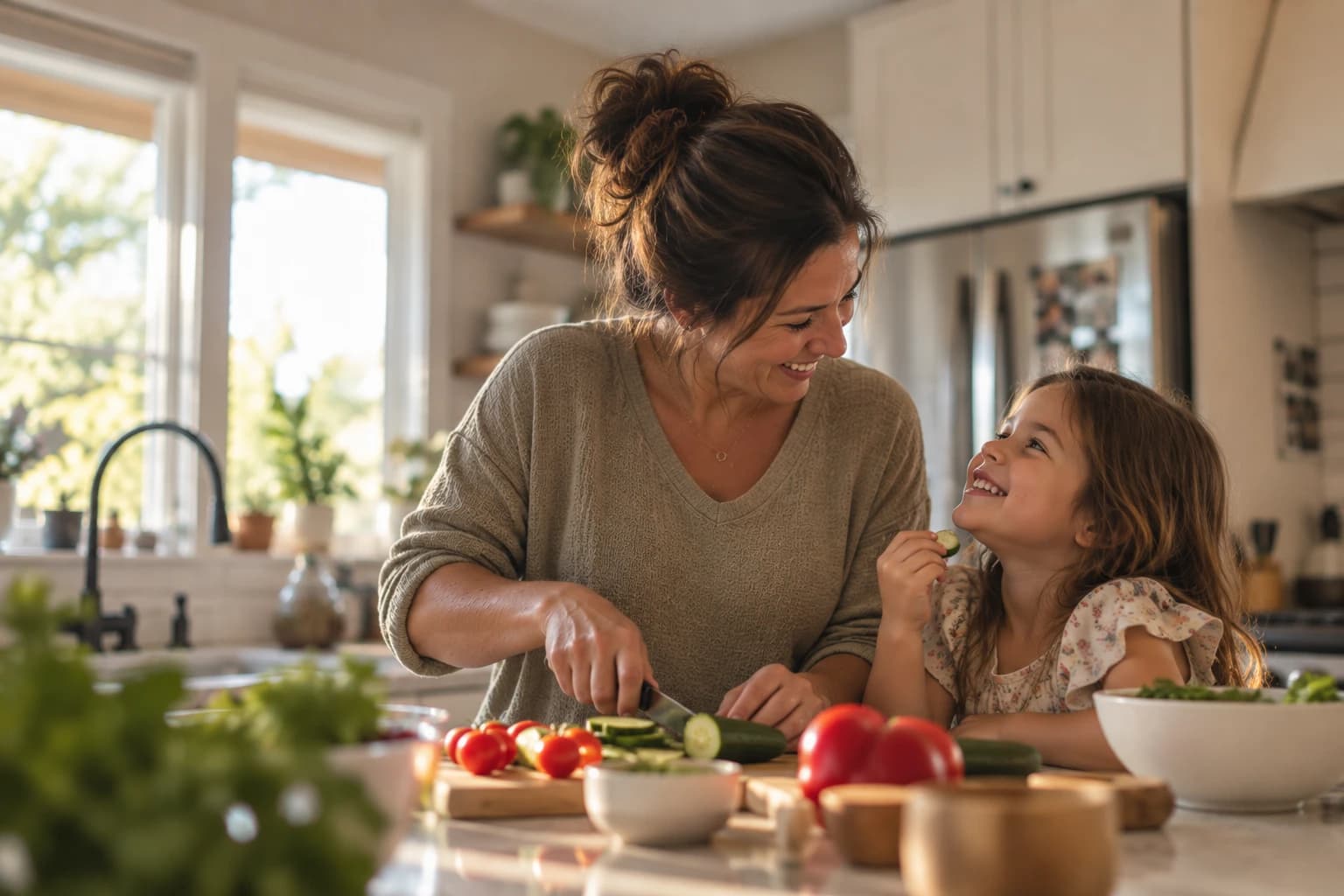 A mother and her young daughter laughing while they cook together in a bright, spotless kitchen