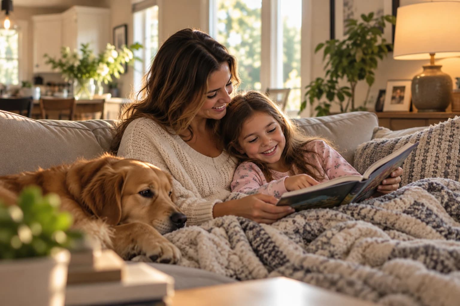 A mother and daughter reading a storybook under a cozy blanket on the sofa with their golden retriever