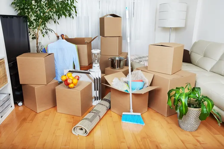 Moving boxes packed in a living room ready for a move-in or move-out clean