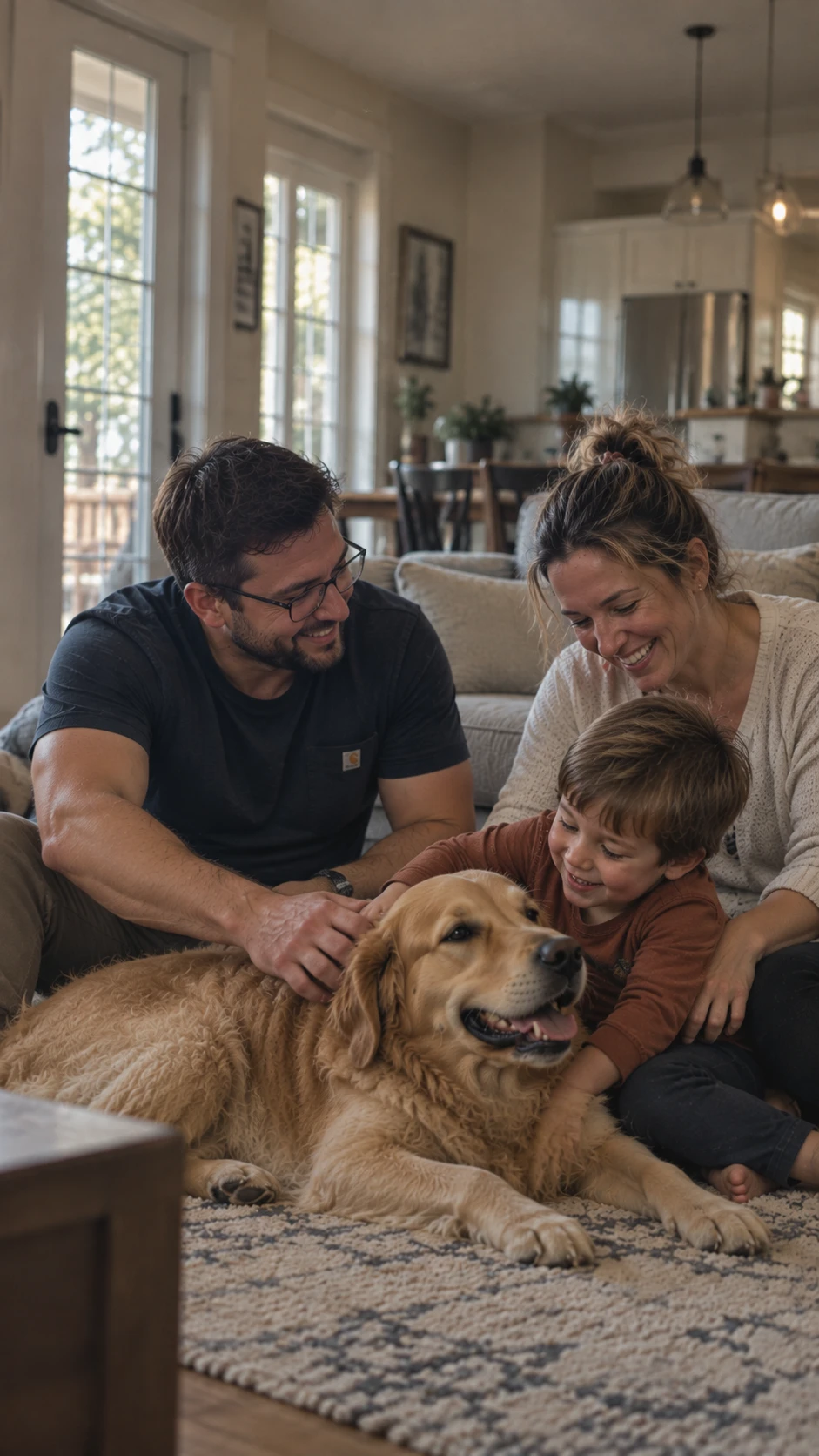 A family laughing with their golden retriever in a bright, spotless living room